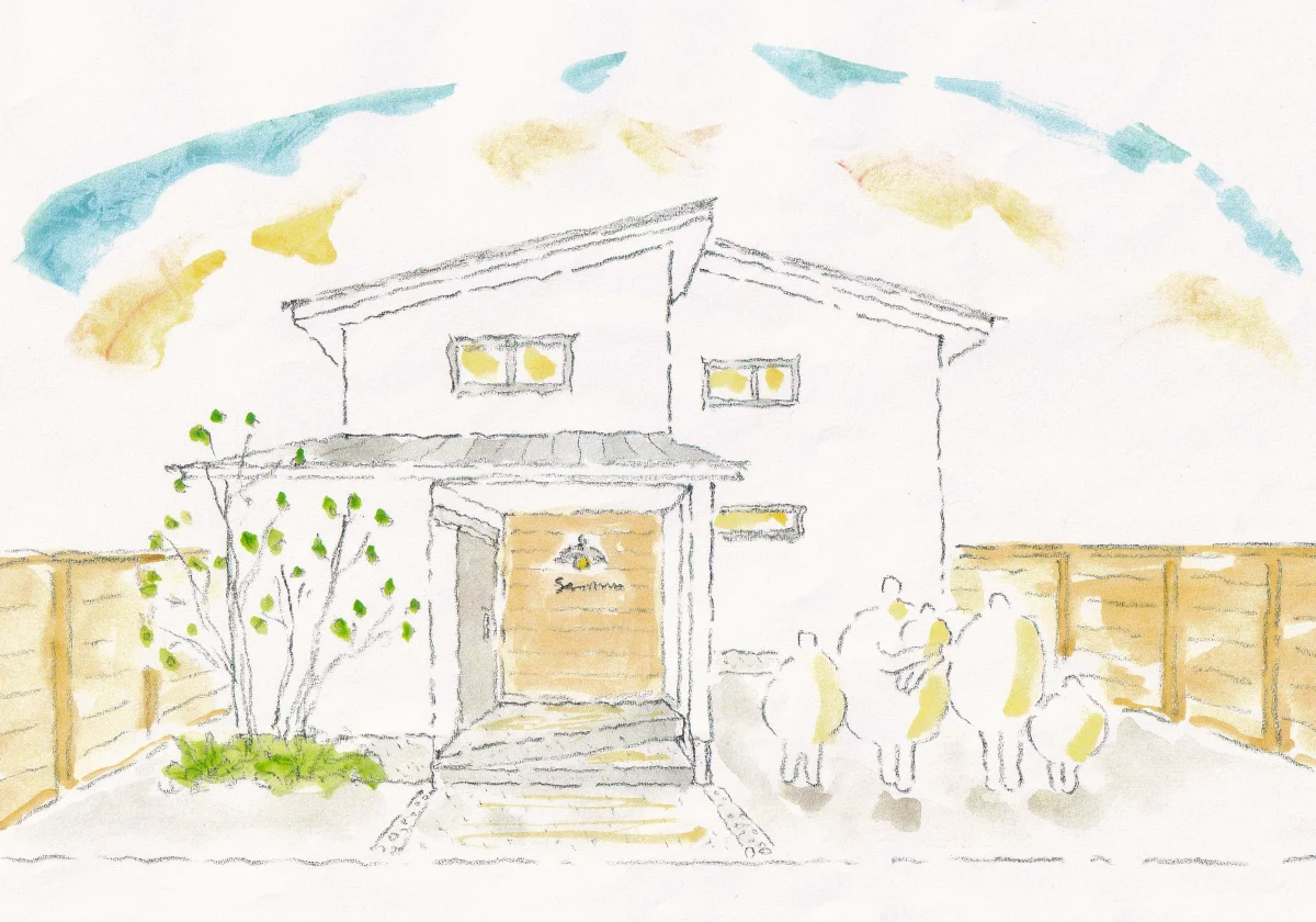 自然素材の家でくつろぐ家族のイラスト